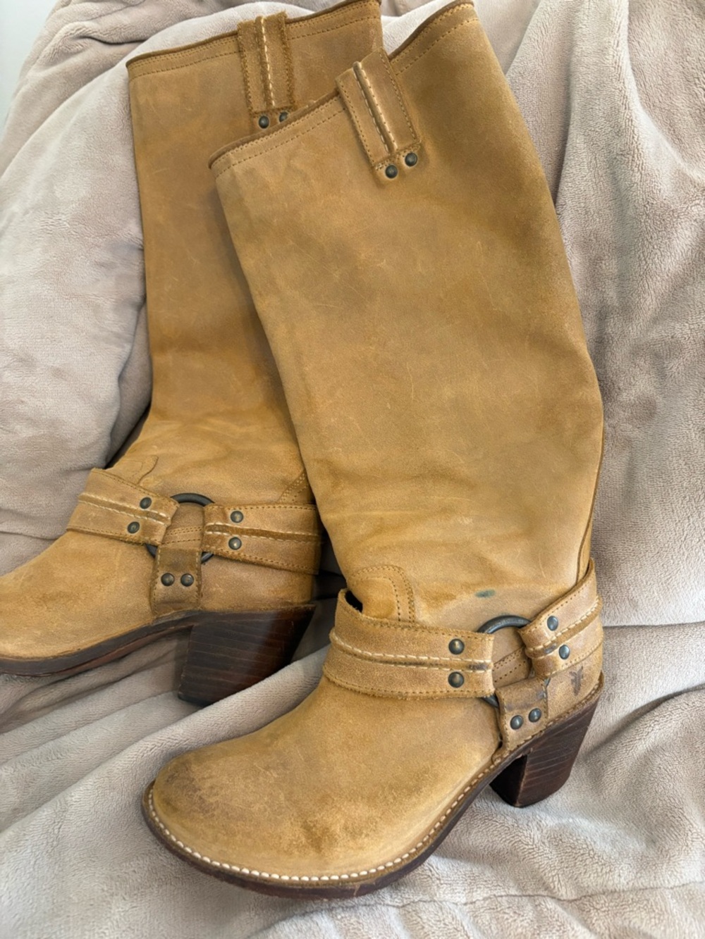 Frye Tan Leather Knee Harness Heeled Boots